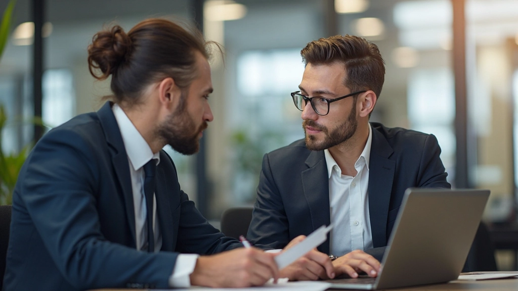 Современный банковский офис с консультантом и клиентом, обсуждающими финансовые планы