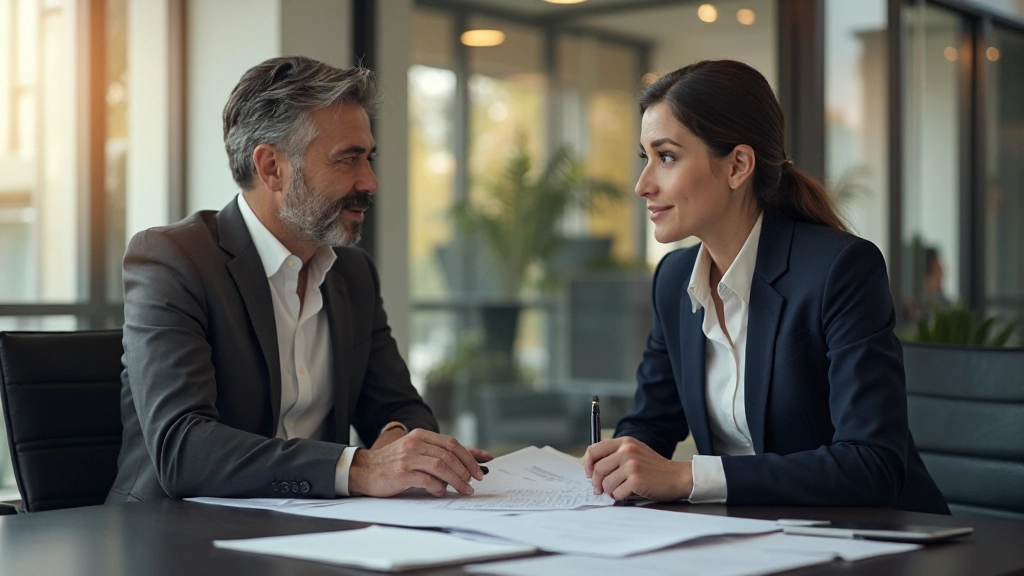 Современный банковский офис с консультантом и клиентом, обсуждающими финансовые планы