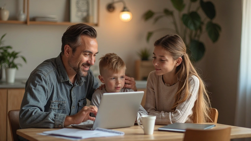 Семейная финансовая встреча с ноутбуком, показывающим график сбережений и планирование бюджета