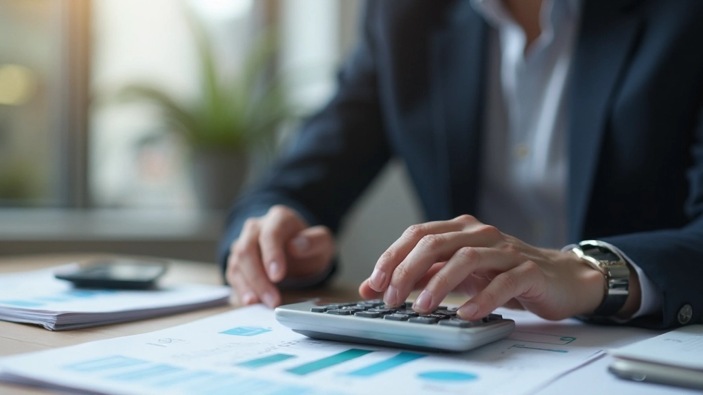 Профессиональный финансовый планировщик работает с калькулятором и бюджетными документами за столом в офисе