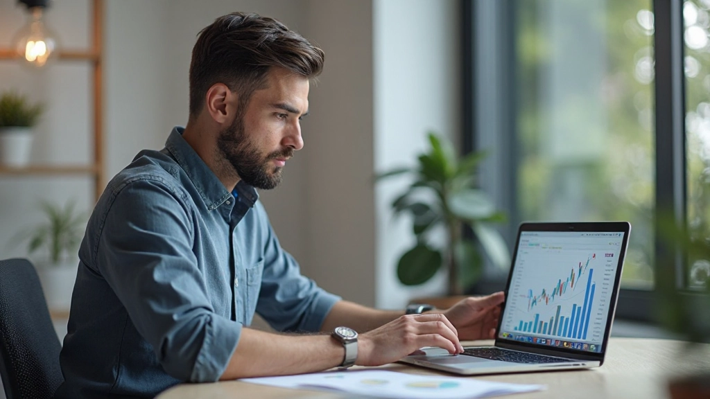 Молодой человек анализирует финансовые данные на ноутбуке в домашнем офисе