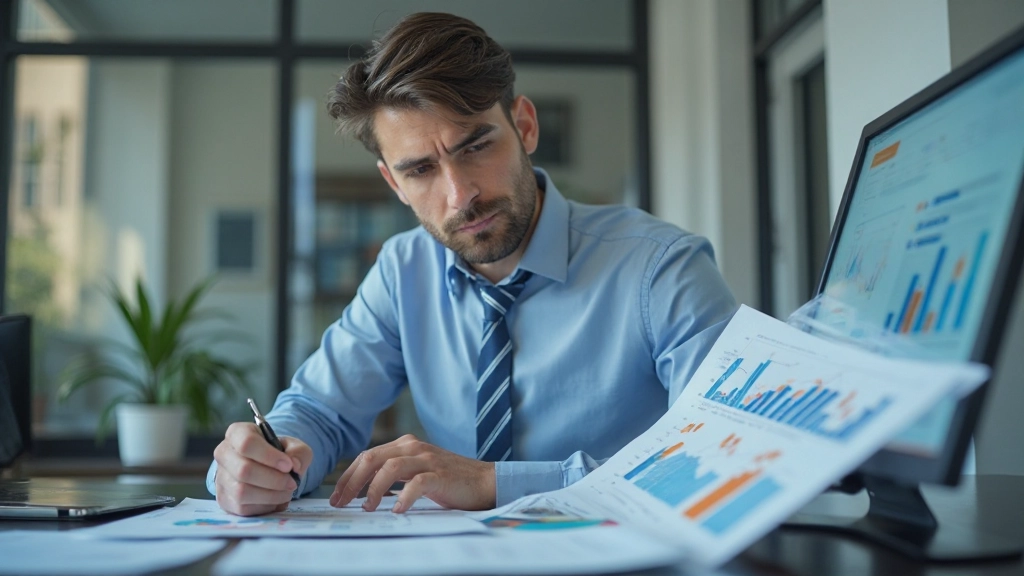 Профессиональное фото человека, изучающего финансовые графики и отчеты за столом