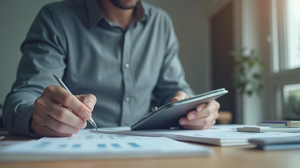 Расчетный калькулятор, блокнот и ручка для планирования финансов на столе