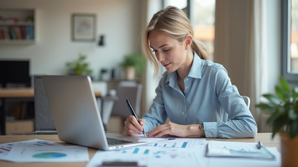 Профессиональное рабочее пространство с ноутбуком и финансовыми документами на столе