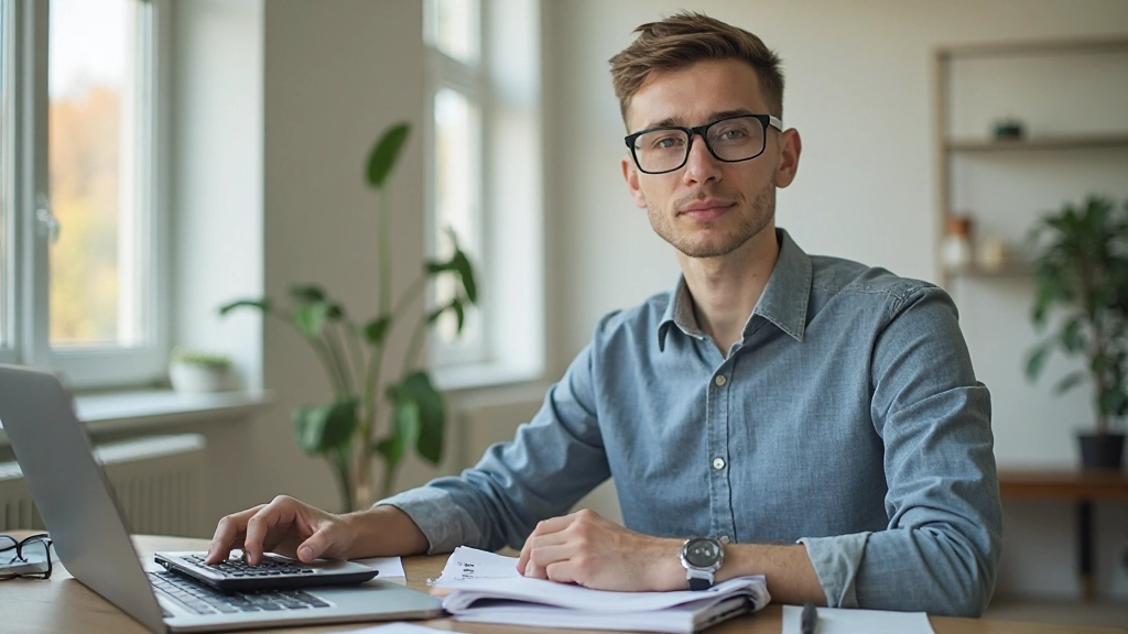 Профессиональное фото молодого человека, планирующего сбережения с блокнотом и калькулятором